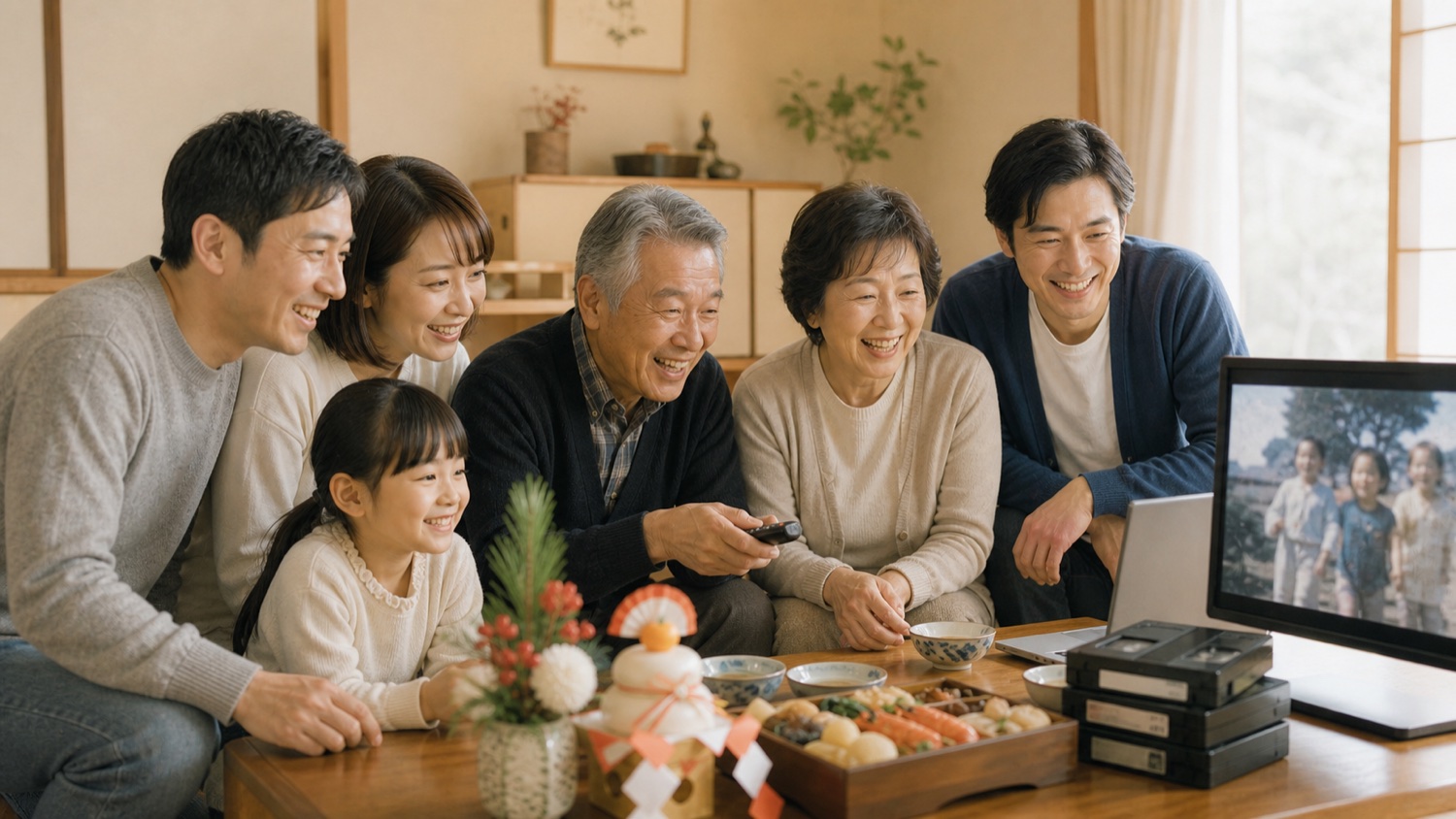 お正月や記念日に家族で昔のVHS映像を見返す場面