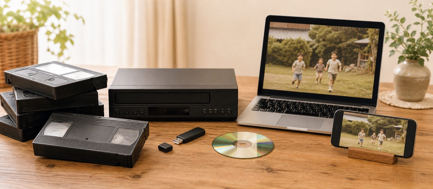 VHS、パソコン、スマホ、DVD、USBで昔の映像を見られるようにするイメージ