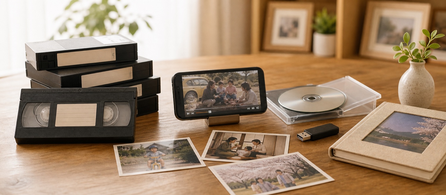 VHS、家族写真、DVD、USB、スマホを丁寧に扱うイメージ
